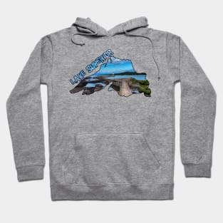 Lake Superior Outline (Lighthouse in Grand Marais, Minnesota) Hoodie